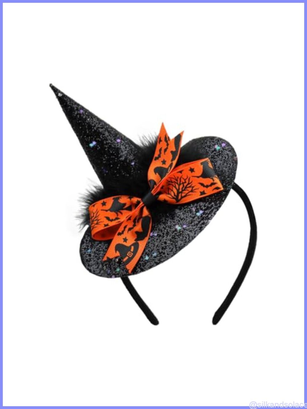 Glitter Witch Hat Headband with Orange Bow & Feathers Halloween Costume Hair